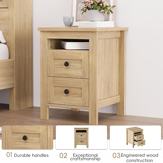Farmhouse 3-Pieces Bedroom Sets, Queen Size Platform Bed with a Nightstand and 6-Drawer Storage, Wood Platform Bed with Double Sliding Door Storage Headboard and Charging Station (Queen)