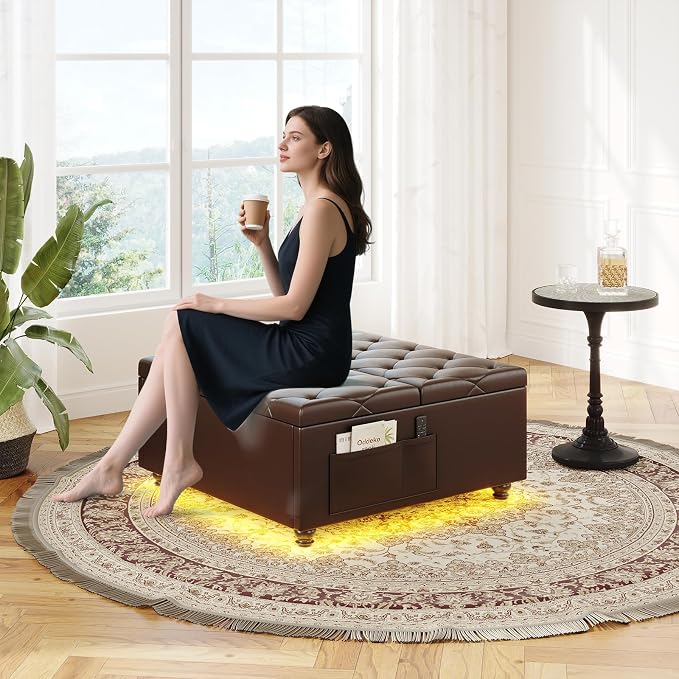 Dnxao Leather Ottoman with Storage,Lift Top Tufted Upholstered Ottoman Coffee Table with LED Lights and Charging Station, Ottomans for Living Room with 2 Side Pockets,Tray Included,PU Brown