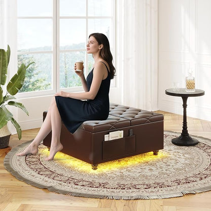 Dnxao Leather Ottoman with Storage,Lift Top Tufted Upholstered Ottoman Coffee Table with LED Lights and Charging Station, Ottomans for Living Room with 2 Side Pockets,Tray Included,PU Brown