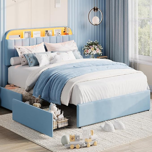 Garvee Full Size Bed Frame with 2 Flexible Drawers, Upholstered Platform Bed Frame with Bookcase Headboard and LED Lights, Kids Bed for Boys, Easy Assembly, Noise Free, Blue