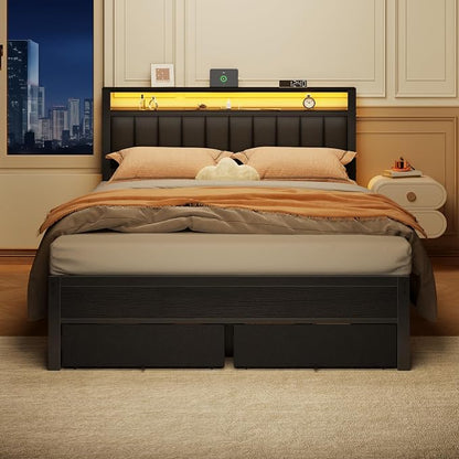 Furnulem Queen Bed Frame with Charging Station and LED Lights, Grey Upholstered Headboard with Shelves, Metal Platform Bed with 2 Under-Bed Storage (Fabric Drawer on Wheels), No Box Spring Needed