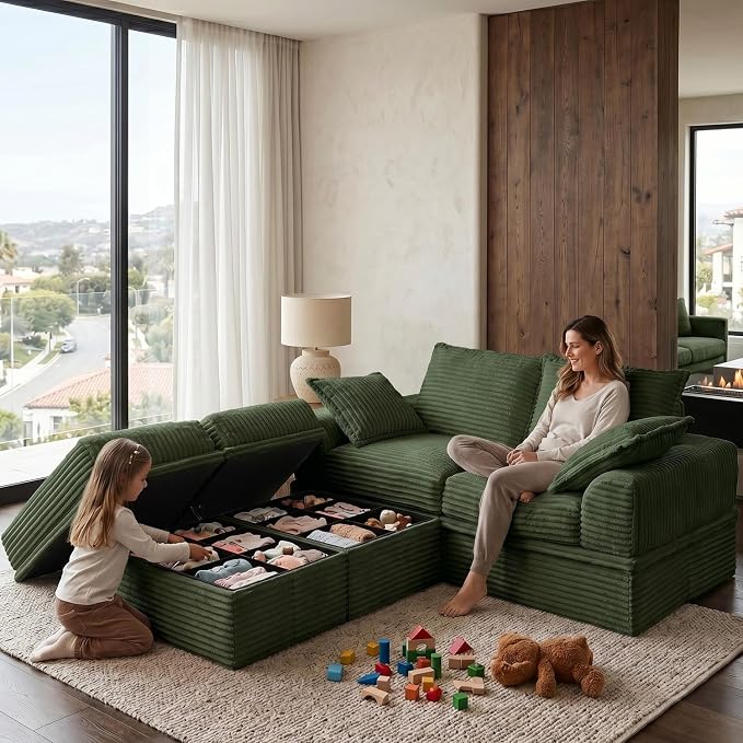 Upgrade Boneless Couch with Storage, Extra Deep&High Seat Modular Sectional Sofa 2 Seater Loveseat Sofa with Ottoman, Tool-Free Assembly Sectional Couches for Living Room Bedroom Apartment