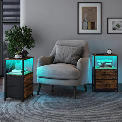 TUTOTAK LED End Table with Charging Station, Nightstand with Cloth Drawer, Side Table with 1 USB Port and 1 Type-C Port, Set of 2, Couch Table, Brown TB01BB052L