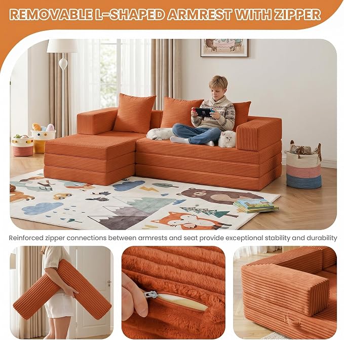 65" Modular Sectional Sofa, Boneless Convertible Sleeper Sofa Bed, Modern Tri-Folding Cloud Couch with L-Shape Chaise, Corduroy Futon Couches for Small Spaces Apartment,No Assembly, Orange