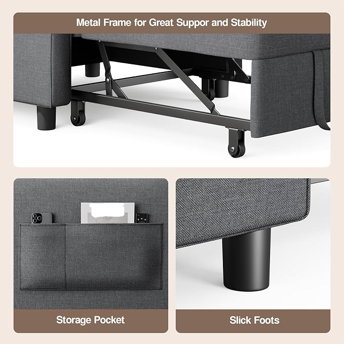 Ahomly Convertible Sofa Chair Bed, 3-in-1 Multi-Functional Sleeper Chair Bed, Adjustable Backrest Recliner with Modern Linen Fabric for Living Room Bedroom Apartment Small Space, Dark Grey