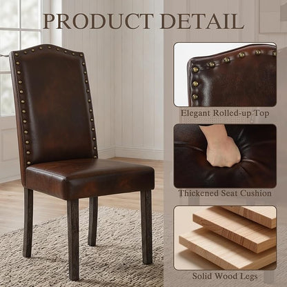 LSSBOUGHT PU Dining Chair Upholstered Parsons Kitchen Chair with Copper Nails and Solid Wood Legs for Dining Room,Restaurant (Vintage Brown, 4PCS)