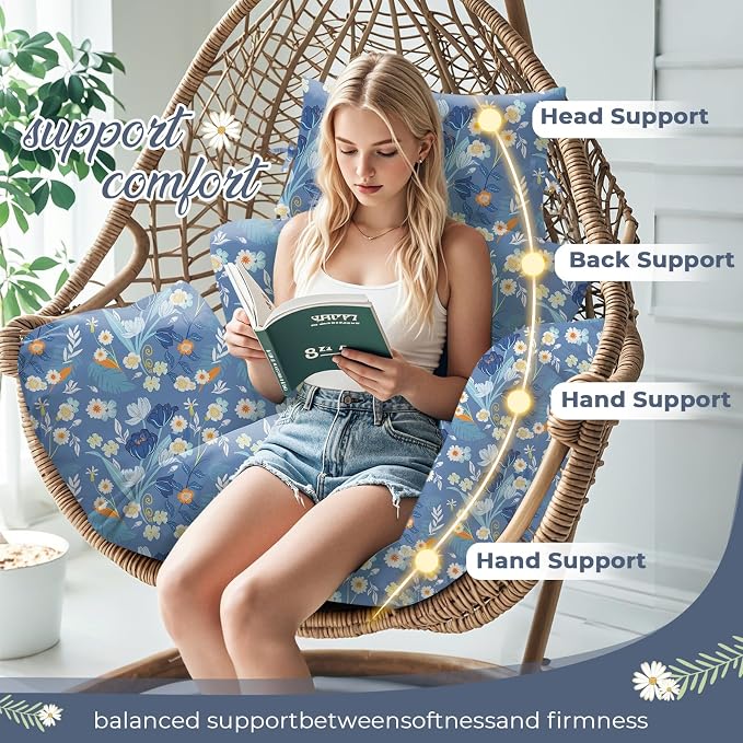 Waterproof Egg Chair Cushion Replacement 47x31.5x4.7 inch Thicken Hanging Egg Swing Chair Cushion Indoor Outdoor Wicker Rattan Hammock Basket Cushion with Headrest Pillow, Blue Peony