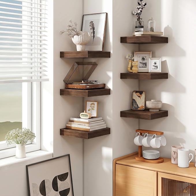 Fun Memories Floating Shelves for Wall 10 Inch, 10 Inch Deep Square Wall Shelves, Bathroom Storage Shelves Over Toilet, Wood Floating Shelves for Living Room Bedroom, Walnut, Set of 2