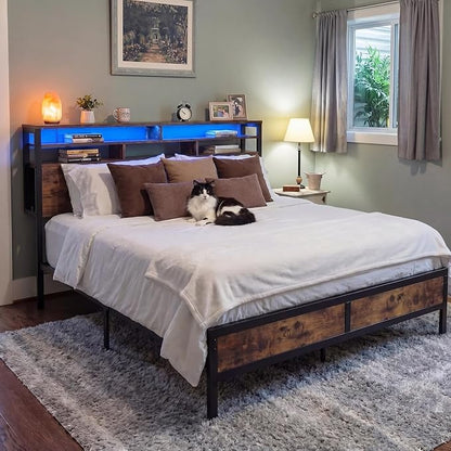 Homkdom King Bed Frame with 3-Tier Storage Headboard & 4 Fabric Drawers, Metal Platform Bed Frame with LED Light & Charging Station,Noise-Free,No Box Spring Needed,Easy Assembly,Rustic Brown