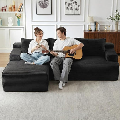 96" Cloud Sectional Couch with L-Shape Chaise, Modular Comfy Sofa Chaise Longue, Upholstered Corduroy Couches Sleeper with Deep Seat for Living Room Bedroom, No Assembly Required(Black, Left Facing)