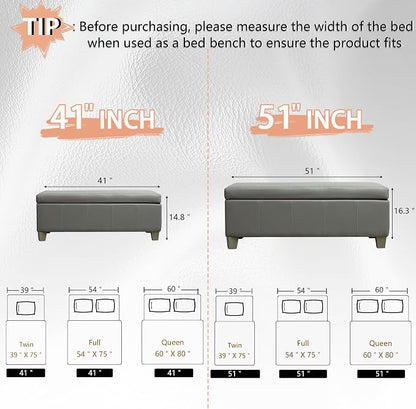 51 Inch Storage Ottoman, Storage Bench with Safety Hinge, Upholstered Synthetic Leather Ottoman Bench for Bedroom, Living Room, Entryway, Hallway, Foot Rest, Support 500lbs