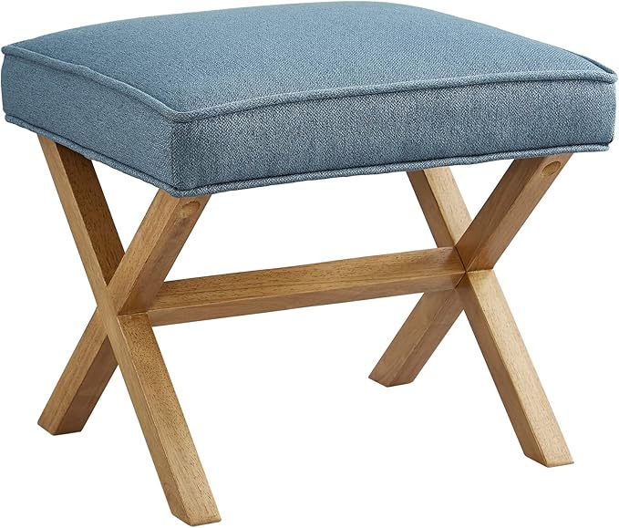 Amazon Basics Small Ottoman Foot Rest, Mid-Century Modern X Square Upholstered Fabric Stool for Living Room, Bedroom, Entryway, Extra Seating, 20" W x 18" D x 18" H, Indigo Blue