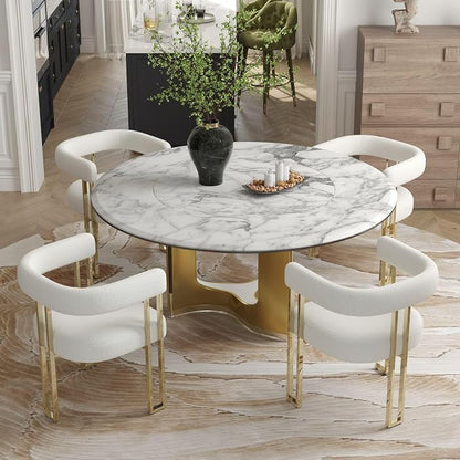 Hyfirm Set of 4 Modern White Boucle Dining Chairs with Gold Metal Legs, Mid Century Accent Upholstered Barrel Armchairs with Open-Back for Kitchen, Dining Room, Living Room, Apartment