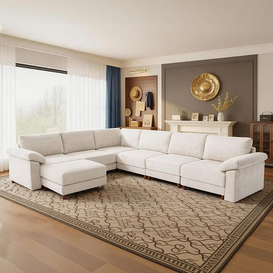 Oversized Modular Cloud Couch with Removable Washable Cover, L/V-Shaped Sectional for Large Living Room, Plush Chenille & Deep Seat（Beige）