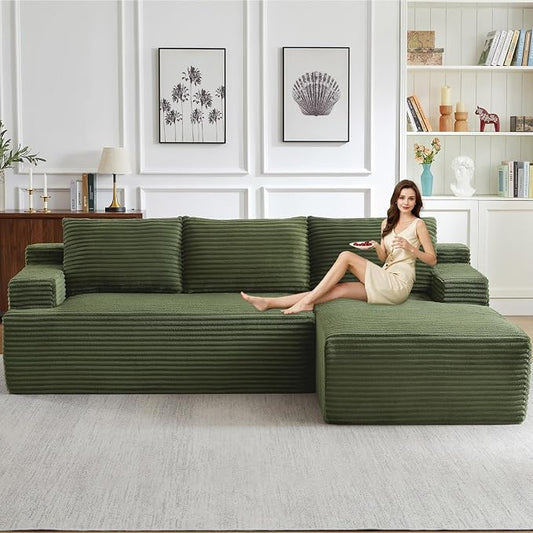 96.1" Modular Sectional Sofa Couches L-Shape Couch 3 Seat Modular Sofa Corduroy Memory Foam Sectional Boneless Couches for Living Room, Cloud Couch with Oversized Chaise(Green, Right Facing)