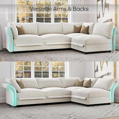 DreamDashio 126" U-Shaped 5-Seat Sectional Sofa, Oversized Modular Cloud Couch with Storage, High Backs & Adjustable Arms, Plush Beige Chenille for Large Living Room
