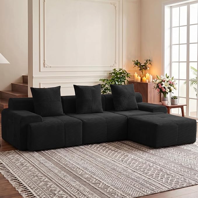 118" Sectional Boneless Oversize Modular Couches, Curved Cloud Sectional Sofa for Living Room, Corduroy L Shape Deep Seat Sofa with Ottoman & 3 Throw Pillows, No Assembly Required,Black