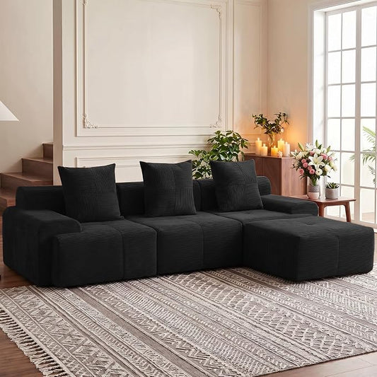 118" Sectional Boneless Oversize Modular Couches, Curved Cloud Sectional Sofa for Living Room, Corduroy L Shape Deep Seat Sofa with Ottoman & 3 Throw Pillows, No Assembly Required,Black