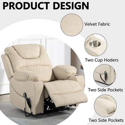 FUNECORP Large Power Lift Recliner Chair Sofa with Massage and Heat for Big and Tall Elderly,Infinite Positions,Dual Motor,Cup Holders,Extended Footrest,Velvet Home Theater Seat
