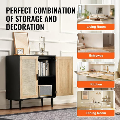 VEVOR Rattan Cabinet, Buffet Cabinet with Storage, Storage Cabinet with 2 Magnetic Doors and Adjustable Shelves, Sideboard Buffet for Hallway, Entryway, Living Room, or Kitchen, Black