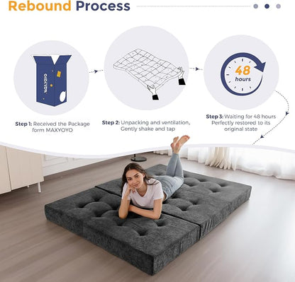 MAXYOYO 6" Folding Sofa Bed for Floor, Tufted Tri-Fold Floor Mattress with Chenille Fabric, Queen Size Portable Sofa Couch Guest Mat for Adults, Foldable Topper for Camping, Dark Grey, 59"x78.7"