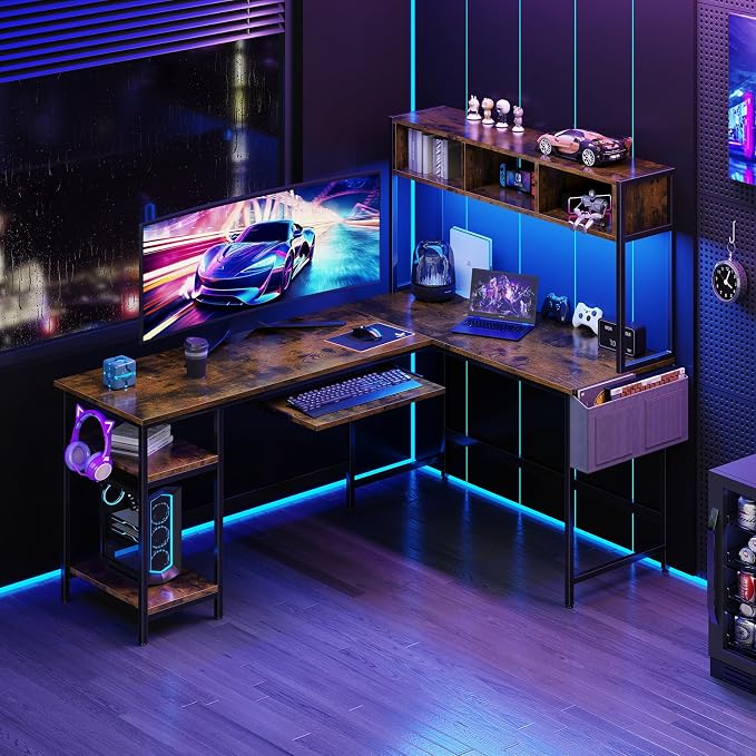 DUMOS 67" L Shaped Gaming Desk, Reversible Computer Desks with LED Lighting, Corner Desk for Compact Spaces with Keyboard Tray & Storage Shelf, Metal Frame PC Gaming Table for Home Office,Rustic Brown