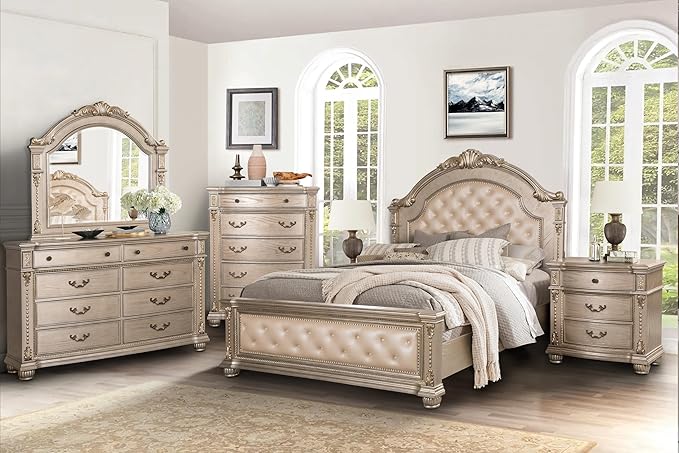First of a Kind Evelyn Traditional 4 Piece Queen Bedroom Set with Upholstered Tufted Headboard Elegant European Inspired Design Coordinated Furniture Collection