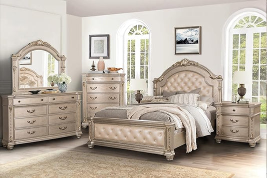 First of a Kind Evelyn Traditional 4 Piece Queen Bedroom Set with Upholstered Tufted Headboard Elegant European Inspired Design Coordinated Furniture Collection