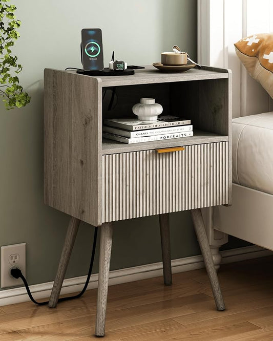 JOONEE Nightstand with Outlet,Modern Bedside Table with Storage Drawer and Open Wood Shelf, for Living Room, Bedroom and Small Spaces, Accent Night Stand with Solid Wood Legs, Easy Assembly,Grey Oak