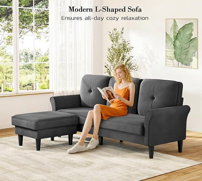 Kidirect Small Sectional Couch, 83" L Shaped Couch, Comfy Velvet Couches for Living Room, Tool-Free Setup Modular Sectional Sofa, 850lbs Load Sofas for Living Room with 1 Movable Ottoman, Grey Couch