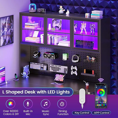 SEDETA L Shaped Computer Desk, L Shaped Corner Gaming Desk with 3 Wood Drawer and Large Bookshelf, Home Office Desk with LED Light, Display Cabinet and Pegboard, 27.5" W Large Desktop Table, Black