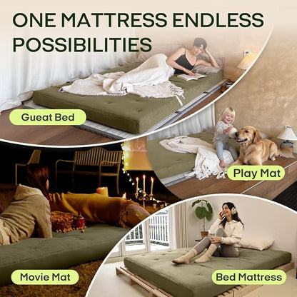 ZonLi Japanese Floor Futon Mattress King Size 76"x80"100% Cotton Cover 6'' Thicken Tatami Mattress,Foldable Sleeping Pad,Portable Dormitory Tatami Mat,Roll Up Floor Lounger Bed for Adult (Winter Moss)