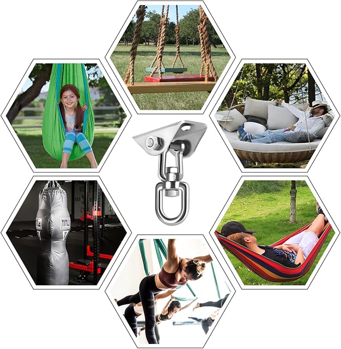 Hammock Hanging Kit, Hanging Chair Hardware with Chain 1000 lb Capacity Hammock Hooks, Heavy Duty Porch Swing Hanger, 360 Swivel Ceiling Hooks Snap for Chair, Seat, Yoga, Punching Bag, Gym (Silver)
