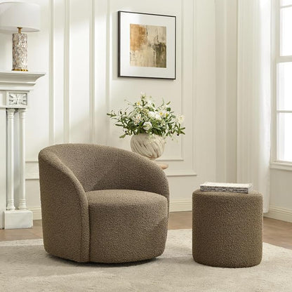 KINWELL 34" Boucle Swivel Barrel Chair with 18" Round Ottoman Set, Fully Assembled Set of Sherpa Accent Chair and Footrest, Modern Comfy Armchair and Footstool for Living Room and Bedroom, Teddy Brown