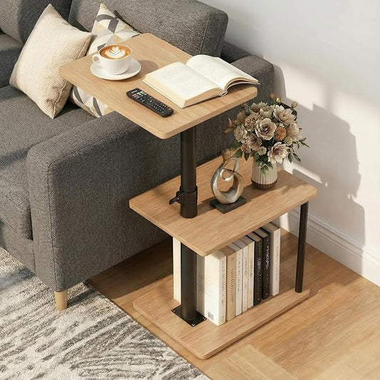 Faesun 360° Swivel Side Table for Height Adjustable, C Shaped End Table for Couch with Storage, 3-Tier Night Stand with Open Shelf, Tv Tray for Small Spaces, Living Room, Bedroom, Oak