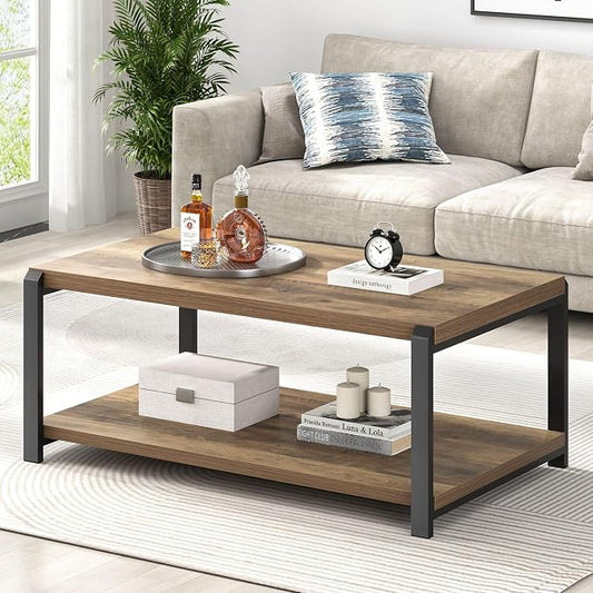 EXCEFUR Modern Coffee Table, Rustic Wood and Metal Center Table for Living Room, Industrial Rectangle Cocktail Tea Table with Storage, Oak