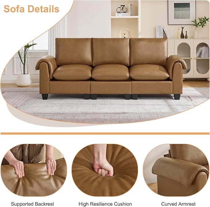 96" Faux Leather Modular Sectional Upholstered Sofa, Oversized 3 Seater Couch with Curved Armrests, Cloud Modern Upholstered Deep Seat Sofa for Living Room, Light Brown
