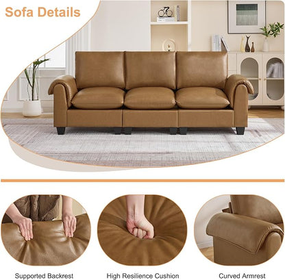 96" Faux Leather Modular Sectional Upholstered Sofa, Oversized 3 Seater Couch with Curved Armrests, Cloud Modern Upholstered Deep Seat Sofa for Living Room, Light Brown