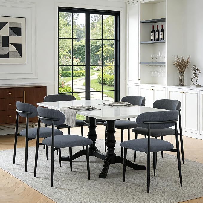 FREKEN Modern Upholstered Dining Chairs Set of 6, Mid-Century Metal Frame Linen Fabric Side Chair for Kitchen Dining Room, 350lbs Capacity, Grey
