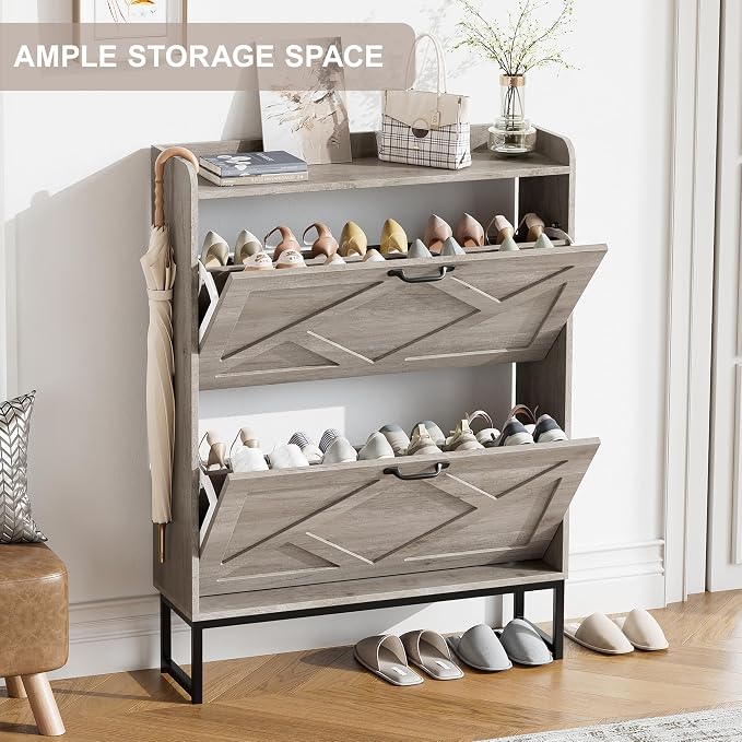 Nicetree Shoe Storage Cabinet with 2 Flip Drawers, Freestanding Shoe Organizer, Shoe Cabinet with Metal Legs, Narrow Shoe Rack Cabinet, Farmhouse Slim Shoe Cabinet for Entryway, Hallway, Rustic Gray