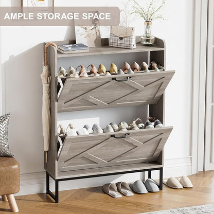 Nicetree Shoe Storage Cabinet with 2 Flip Drawers, Freestanding Shoe Organizer, Shoe Cabinet with Metal Legs, Narrow Shoe Rack Cabinet, Farmhouse Slim Shoe Cabinet for Entryway, Hallway, Rustic Gray