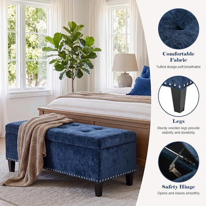 Asense 41" Storage Ottoman Bench, Faux Leather Tufted Upholstered End of Bed Bench with Safety Hinge for Bedroom,Entryway,Living Room,Drak Blue