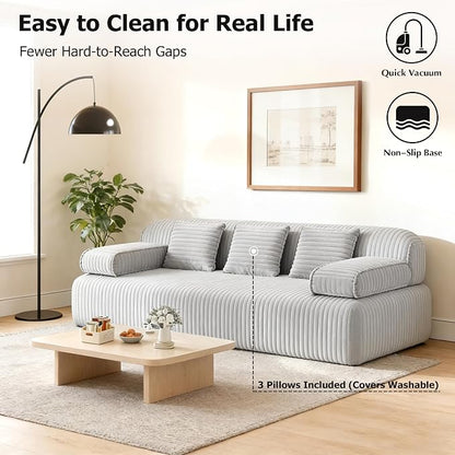Convertible Sofa Bed, 78.7" Frameless Floor Sofa-in-a-Box, Corduroy Boneless Couch for Small Space Apartments, Queen Sleeper Sofa for Everyday Use, 3 Pillows Included, No Assembly (Light Grey)