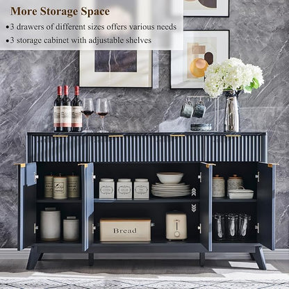 T4TREAM Large Buffet Sideboard Cabinet with Storages, 60" Fluted Modern Buffet Table Coffee Bar Wine Bar Storage Cabinet with 3 Drawers & 4 Doors for Dining Room, Living Room, Hallway(Dark Grey)
