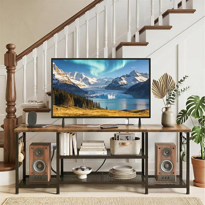 YGEOMER TV Stand for Up to 65 Inch TVs, Entertainment Center with Power Outlet and Open Storage Shelves, TV Media Console Table for Living Room and Bedroom, Rustic Brown