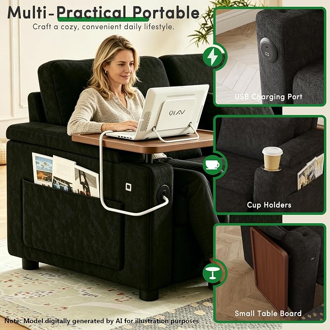 83" Recliner Sofa Bed, 3-in-1 Chenille Sleeper Sofa, Pull Out Couch with Adjustable Backrest, USB, Side Pocket, Table, Cup Holder, Cloud Couch for Living Room, Apartment, Small Space, Black