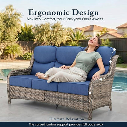 Belord Luxury 6" Thick Cushioned PE Wicker 3-Seater Outdoor Couch, All-Weather Comfortable Modern Patio Sofa, High Back Deep Seat Woven Outdoor Furniture for Porch Balcony, Lawn, Deck - Greyblue