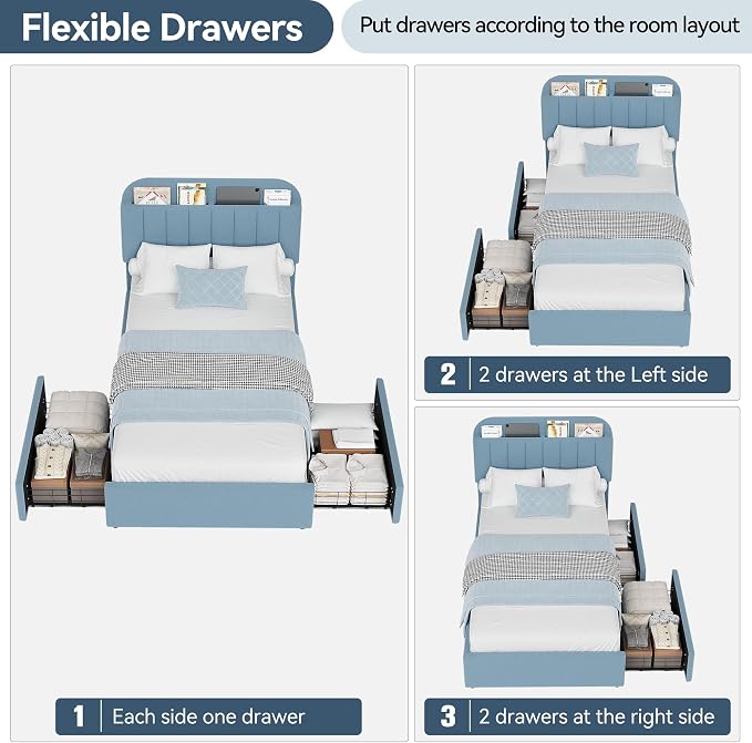 GarveeHome Twin Bed Frame with Storage Headboard, Kids Bed Frame with 2 Drawers, Boucle Upholstered Platform Bed with Bookcase, No Box Spring Needed, Easy Assembly, Blue