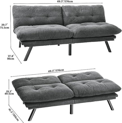 YITAHOME Convertible Futon Sofa Bed with Adjustable 3 Color Light Strip, 70" Folding Futon Set for Living Room Home Office Aprtment, Modern Futon Couch with Adjustable Backrest & Armrests, Grey