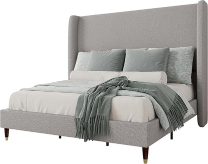 Jocisland Queen Size Bed Frame 51.2" Wingback Headboard Linen Upholstered Platform Bed,Solid Wood Legs & Wooden Slats,No Box Spring Needed,Noise-Free,for Family Guest Room Cozy Home,Light Grey